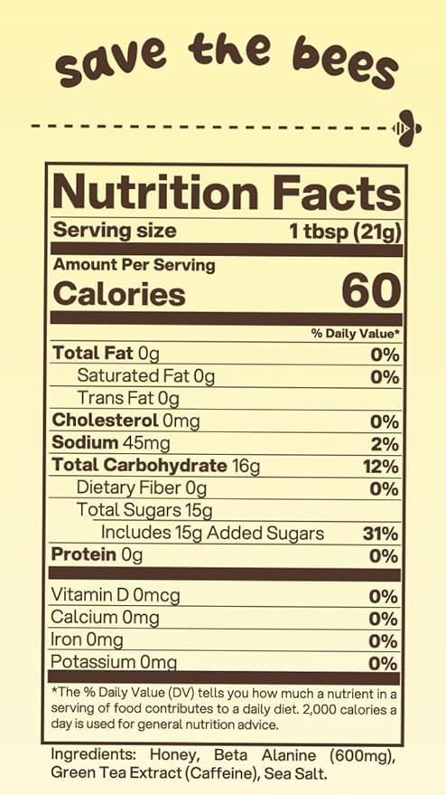 Buzzed Honey - Raw Unfiltered Honey with Natural Green Tea Caffeine Caffeinated Honey Sweetener for Coffee Tea Smoothies &amp Workouts Clean Energy Boost 4 Ingredients16 oz (32 Servings)