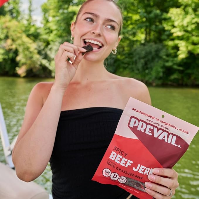 PREVAIL Spicy Grass-Fed Beef Jerky | SOY FREE | 100% Grass-Fed | Gluten Free Snacks | High Protein Snacks | Free of Preservatives | No GMO's | Pack of (3) Bags | 2.25oz