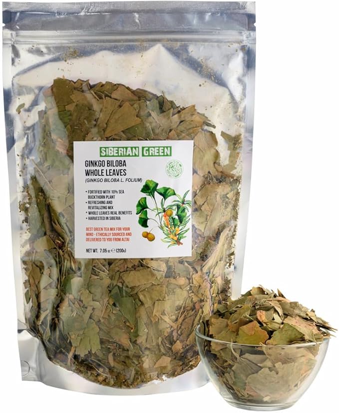 Siberian Green Ginkgo Biloba Cut and Sifted Loose Leaves 200g (7.06 oz) Tea with Sea Buckthorn Leaves