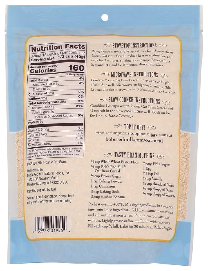 Bob's Red Mill Cereal Oat Bran Organic 18.0 OZ (Pack of 6)