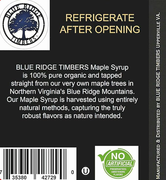 BLUE RIDGE TIMBERS Pure Grade A Maple Syrup 100% Natural Organic USA Harvested from our trees to your kitchen table