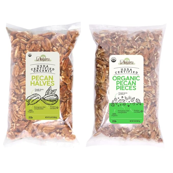 Organic Pecan Bundle – 2 lb Halves + 2 lb Chopped Pecans (4 lbs Total) | USDA Certified Organic | Fresh Natural Bulk Nuts for Baking Snacking &amp Cooking