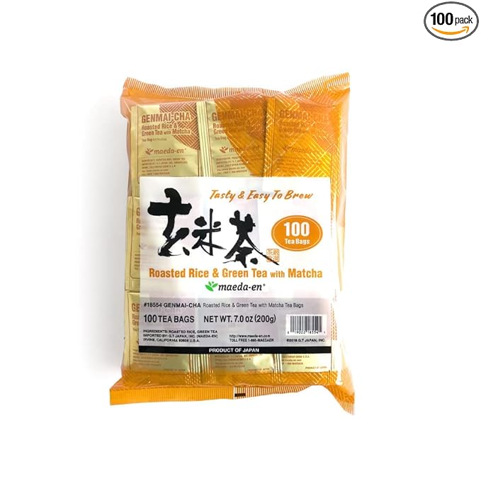 MAEDA-EN Genmai-cha with Matcha Roasted Rice and Green 100 Tea Bags Powder Japanese Origin Green Tea Leaves Individually Wrapped Teabags 18554 1pk