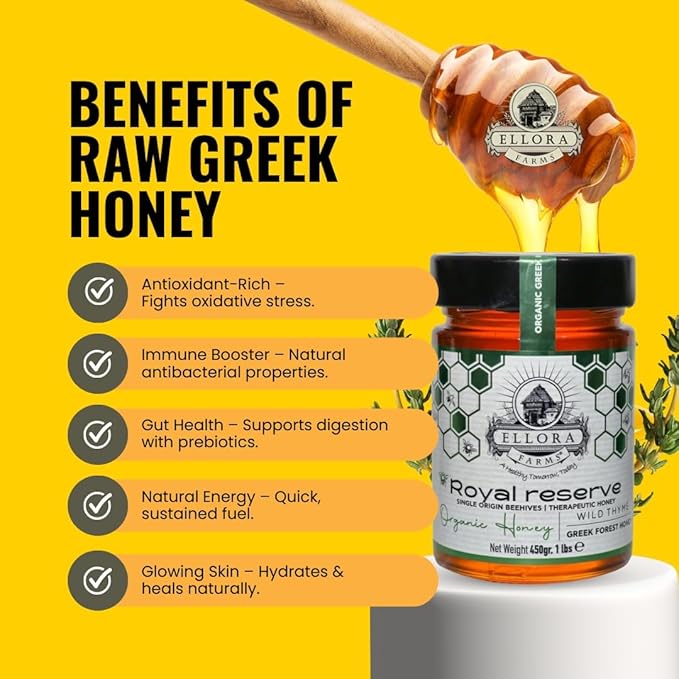 Ellora Farms Organic Raw Greek Honey Bundle – Wild Thyme &amp Pine-Thyme Award-Winning Pure Unfiltered Cold-Pressed Additive-Free Gift Pack with Wooden Dipper – 2 x 450g