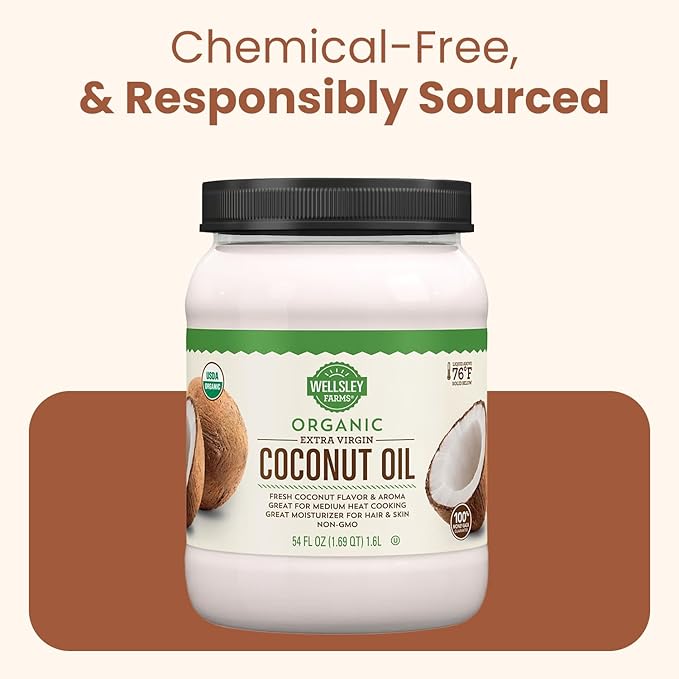 Wellsley Farms Organic Extra Virgin Coconut Oil - Unrefined 100% Pure &amp Natural - Vegan Non-GMO Gluten-Free and Keto-Friendly Cooking Coconut Oil - Ideal for Skin Care &amp Hair Care - 54 oz (