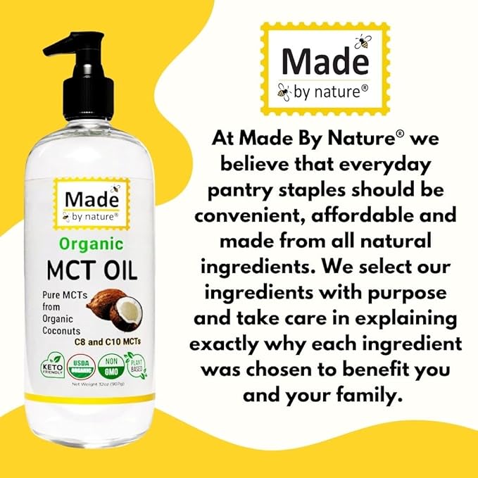 Made By Nature Organic MCT Oil 32 oz Pure MCTs from Coconuts C8 and C10 MCTs Keto Diet Friendly Use in Coffee High Bioavailability