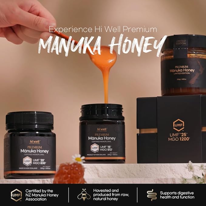 Hi Well Premium New Zealand 100% Manuka Honey | Monofloral Pure Raw Honey | UMF Certified | 8.82Oz(250g) Jar (UMF 15+)