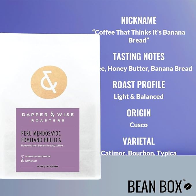Peru Mendosayoc Ermitaño Huillca - Roasted by Dapper &amp Wise - Whole Bean Coffee - 2 Pound Bag