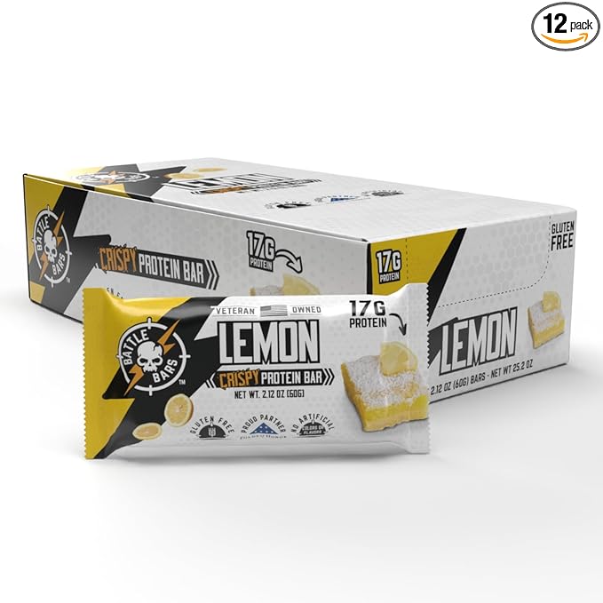 Battle Bars Crispy Protein Bar 17g Protein per serving - Gluten Free No Artificial Flavors or Colors - Verteran Owned - Lemon Almond (60g) 12 Count