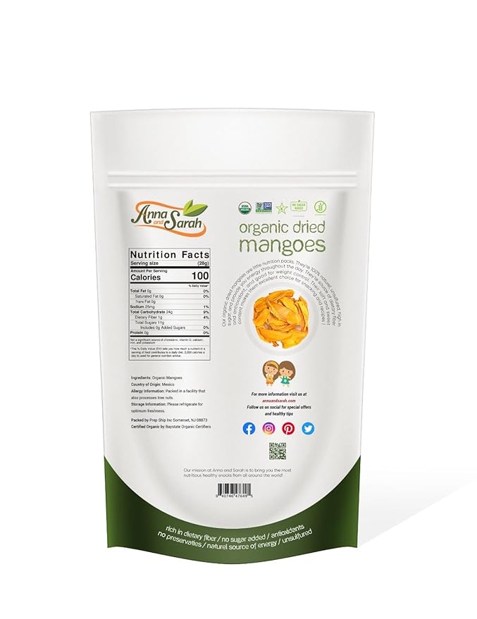 Anna and Sarah Dried Organic Mango No Sugar Added No Preservatives Al-Natural Premium Quality in Resealable bag 3 Lbs
