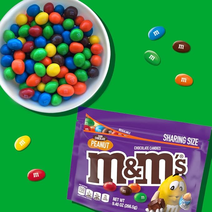 M&ampM'S Peanut Dark Chocolate Candy Bulk 9.4 oz Resealable Bag (Pack of 8) â€“ Dark Chocolate Candy Assortment for Parties Movie Snacks and Office Treats