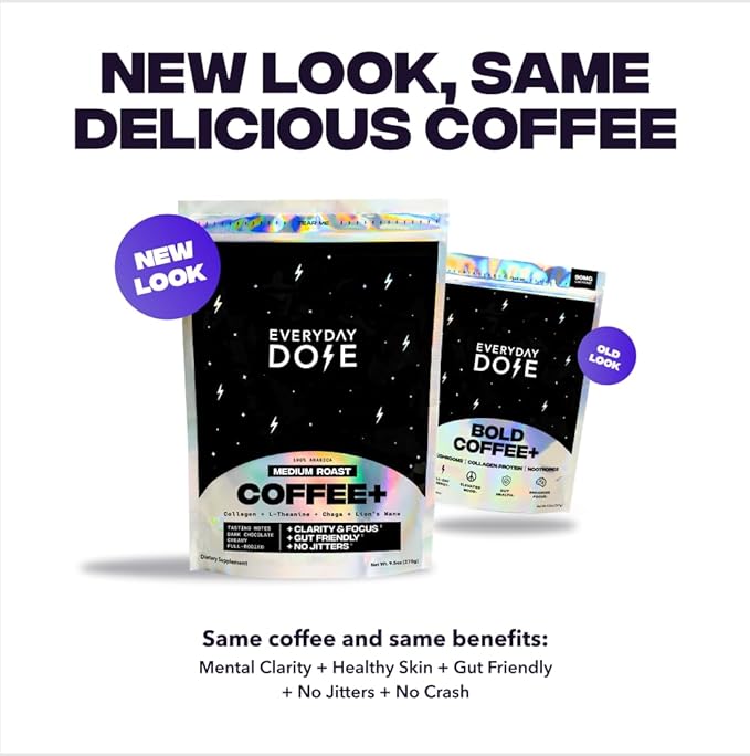 Everyday Dose Bold Medium Roast Mushroom Coffee 90mg Caffeine per serving with Grass-Fed Collagen Chaga Lions Mane &amp L-Theanine for Better Focus Energy Digestion Skin and Immunity 30 Serving