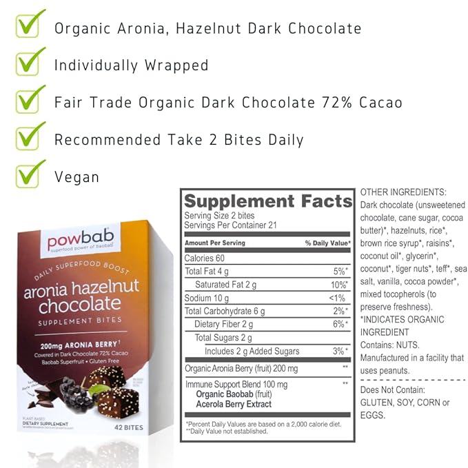 powbab Aronia Hazelnut Chocolate Bites - Organic Aronia Berry. 33% Less Sugar. Organic Dark Chocolate 72% Cacao Fair Trade. Immune Support Vitamin C Baobab. Gluten Free Cookies (42 count)