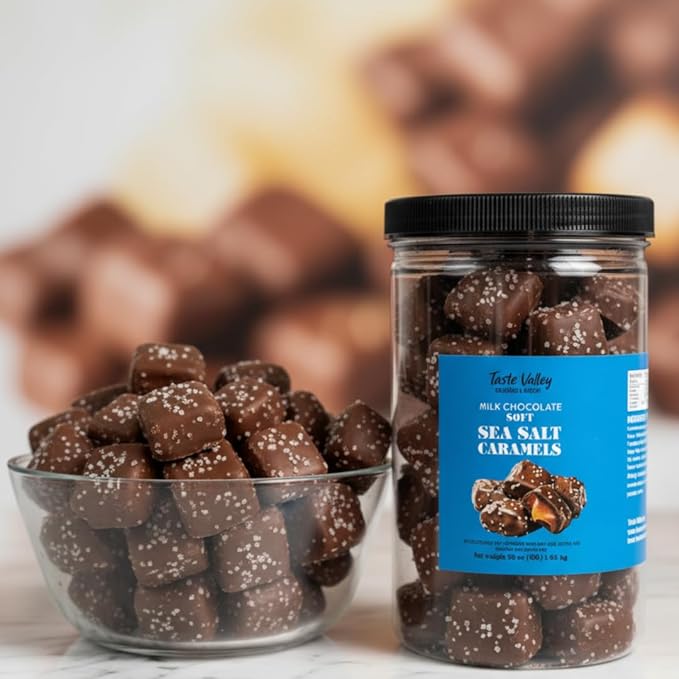 Taste Valley Milk Chocolate Sea Salt Caramels 36 oz Bulk Resealable Jar | Soft &amp Chewy Gourmet Caramel Candy | Sweet &amp Salty Chocolate Covered Treats for Holiday Gifts Office Candy Bowls &am
