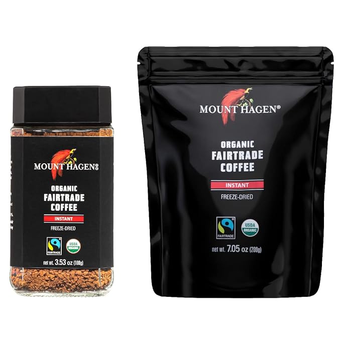 Mount Hagen Jar + Resealable Pouch Organic Freeze Dried Instant Coffee - Combo Pack | Eco-friendly Fair-Trade Medium Roast Arabica Beans [3.53oz Jar + 7.05oz Resealable Pouch]