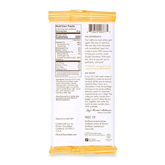 Chuao Chocolatier Golden Goodness White Chocolate Bars | Gourmet Chocolate Cacao Nibs Artisan European No Preservatives | For Gift Baskets Christmas Valentines Day Gifts for Women Men | 12 Pack