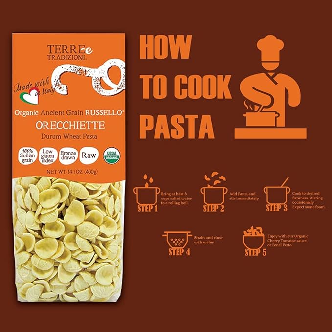 TERRE E TRADIZIONI Organic Italian ORECHIETTE Pasta Semiwhole Wheat Durum Semolina Pasta Sicilian Ancient Grain Rusello Organic Orecchiette Pasta Vegan Pasta Imported from Italy (3 Packs)