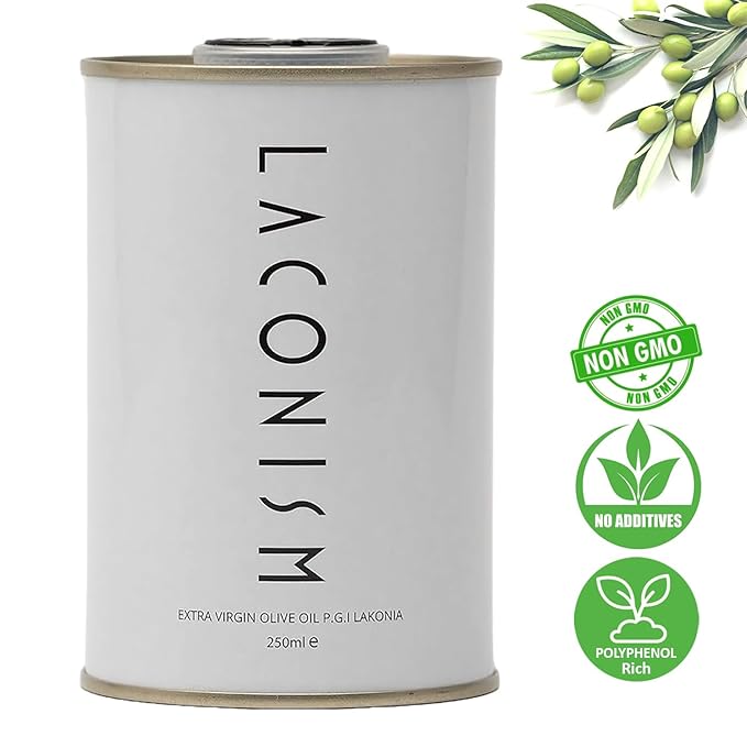 Pack of 2 Extra Virgin Olive Oil Tin Great Taste Cold Pressed Intense Flavor Contains Polyphenols Rich Olive Oil from the Land of Laconia 2X250ml Tin