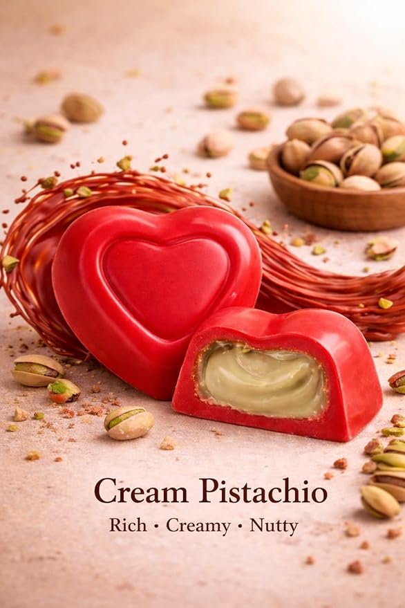 OMNIYA Delicacy - Luxury Chocolate Heart Box - 16 Pcs Heart Shaped Chocolate w/ 4 Flavors (Raspberry Coffee Pistachio &amp Chocolate) Premium Gourmet Creme Filled Chocolate for Special Occasions
