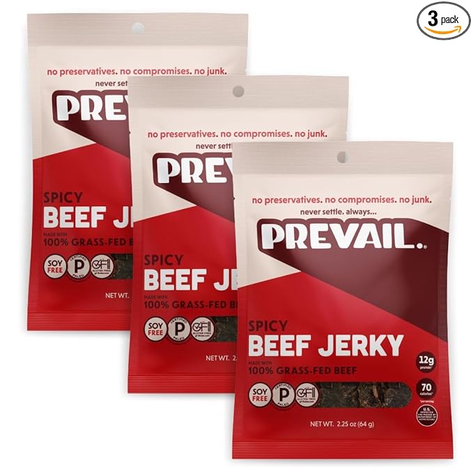 PREVAIL Spicy Grass-Fed Beef Jerky | SOY FREE | 100% Grass-Fed | Gluten Free Snacks | High Protein Snacks | Free of Preservatives | No GMO's | Pack of (3) Bags | 2.25oz