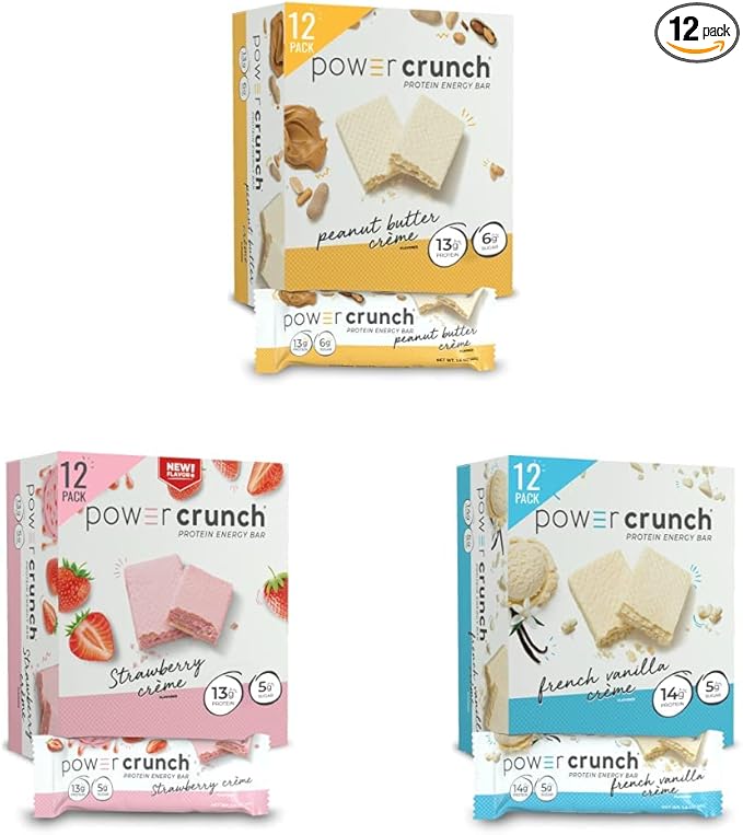 Power Crunch Protein Wafer Bars Peanut Butter Crème 1.4 Ounce &amp Protein Wafer Bars Strawberry Crème 1.4 Ounce &amp Protein Wafer Bars French Vanilla Creme 1.4 Ounce