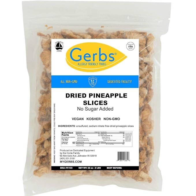Gerbs Dried Pineapple Unsweetened 2 lbs. | Dehydrated Unsulfured No Added Sugar Resealable Bag | Naturally Tart &amp Energizing | Top 14 Allergen-Free