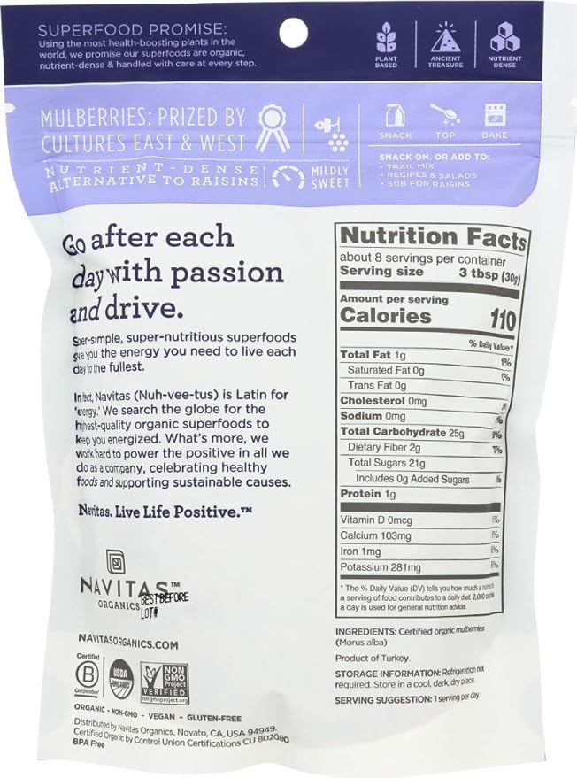 Navitas Naturals Organic Mulberry Berries Sun-Dried White Mulberries 8 oz(Pack of 4)