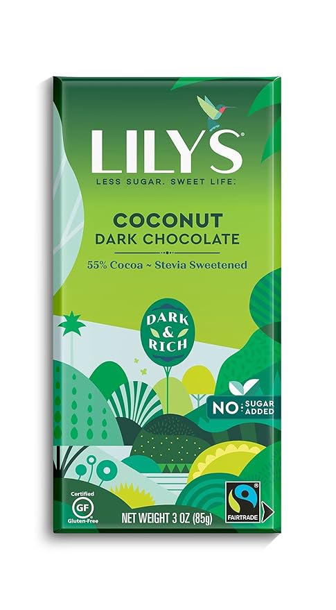 Lily's by Stevia Sweetened No Added Sugar Low-Carb Keto Friendly 55% Cocoa Fair Trade Gluten-Free &amp Non-GMO 3 4-Pack Coconut Dark Chocolate Bar 12 Oz