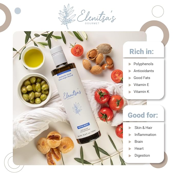 Elenitsa's Special Select Greek Gourmet Extra Virgin Olive Oil - Perfect for Sauteing Grilling Salad Dressings and Cooking - Cold-Pressed Lianolia &amp Koroneiki Olives Rich in Polyphenols