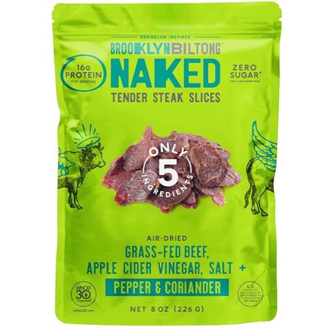 Brooklyn Biltong Air Dried Grass Fed Beef Snack South African Beef Jerky (Pepper &amp Coriander 8 oz Pack of 1)- Whole30 Approved Paleo Keto Gluten Free Sugar Free
