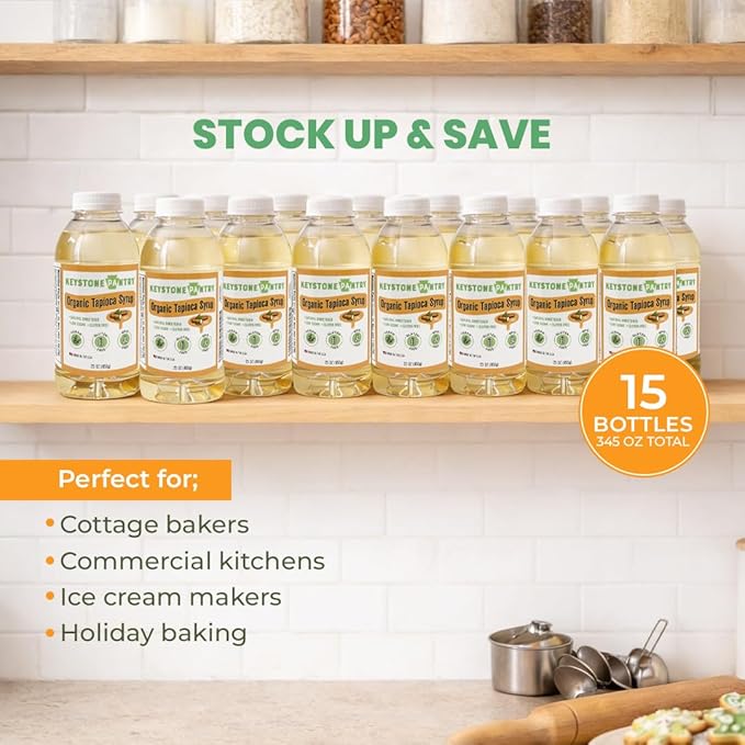 Keystone Pantry Organic Tapioca Syrup for Baking Ice Cream Fudge and More – Gluten-Free Vegan Sweetener – Corn Syrup and HFCS Alternative – 23 oz Bottle – 15 Pack