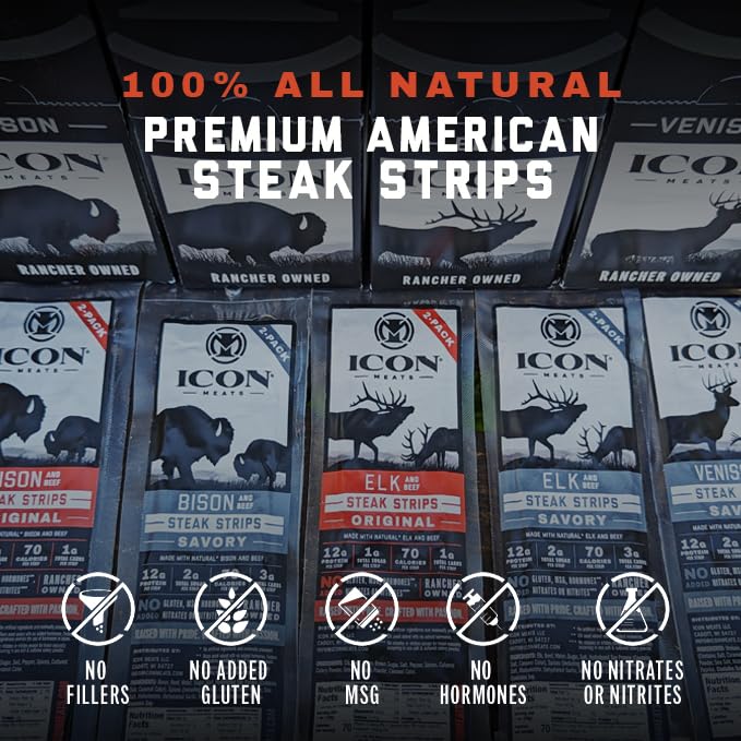 ICON Meats Steak Strips Sampler Gift Box 8 High Protein Snacks Assorted Bison Elk Venison Beef Jerky Strips 2 Sticks per Pack Natural Gluten Free Low Sugar Gifts for Him