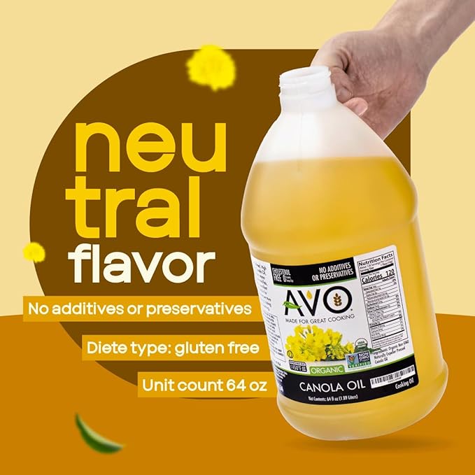 AVO Organic Canola Oil for Cooking Frying Baking Salads Vinaigrette Marinades - General Organic Cooking Oil 64 Fl-oz (Half a Gallon) NO preservatives added High Smoke Point 465°F