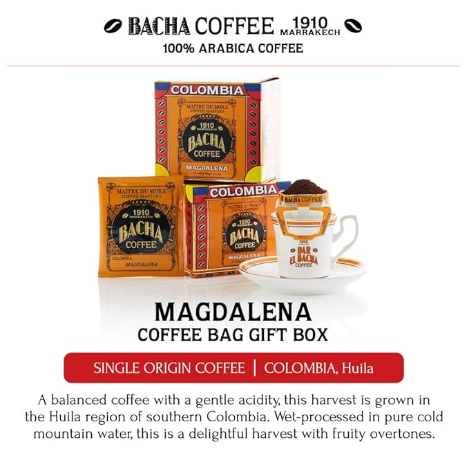 Bacha Coffee | Magdalena Colombia Single Origin Medium Roast 100% Arabica Specialty Coffee 12 Coffee Drip Bags Gift Box