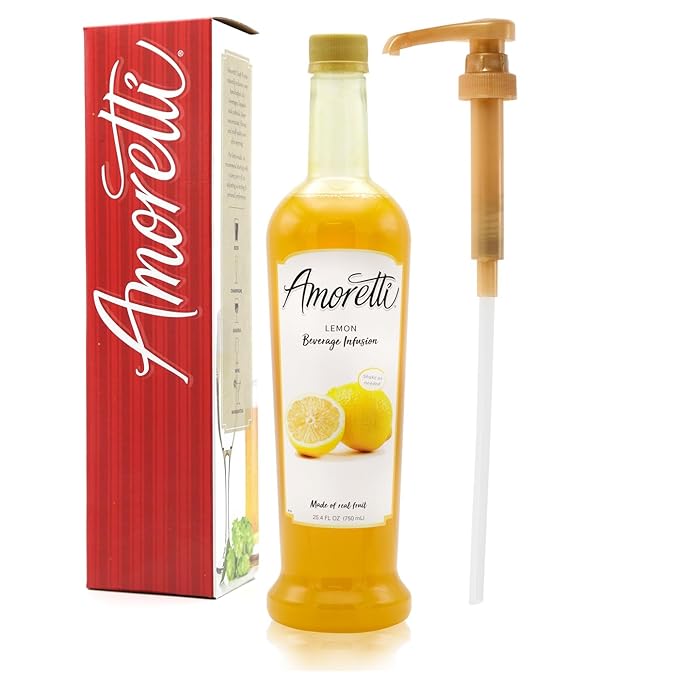 Amoretti - Lemon Beverage Infusion 94 Servings Per Bottle (750 ml) - Drink Mix &amp Water Enhancer with Pump for Flavoring Cocktails Waters Teas and other Beverages Preservative Free