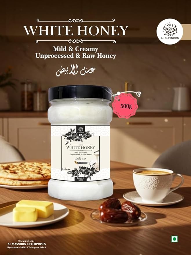 AL MASNOON White Honey – 500g | Crystal Creamy &amp Unprocessed Raw Honey | 100% Pure Natural Chemical-Free &amp Unheated | Rich Taste Immunity Booster Healthy Sweetener – Pack of 1