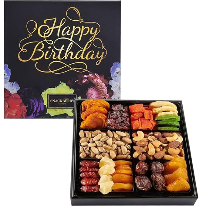 Happy Birthday Dried Fruit &amp Nuts Gift Basket Arrangement Platter Gourmet Food Snack Box Birthday Care Package Healthy Kosher Her Him (12 Assortment)