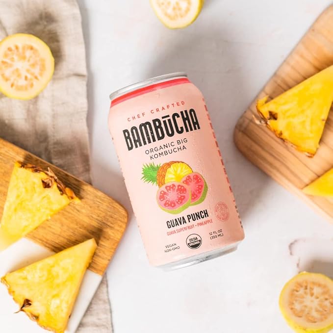 Bambucha Kombucha Guava Punch 12 Pack Case | Chef Crafted Flavor 100% Raw Kombucha Tea Drink | Organic Vegan Gluten Free Non GMO Probiotic (12 Fl Oz Cans)
