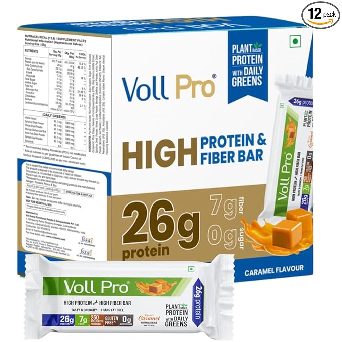 Voll Pro Plant Protein Bar with Daily Greens - High Protein 26g Fiber 7g 0g Sugar - Crunchy Delicious Nutrient-Rich Protein Bars 65g Bar (Pack of 12) (Pack of 12)