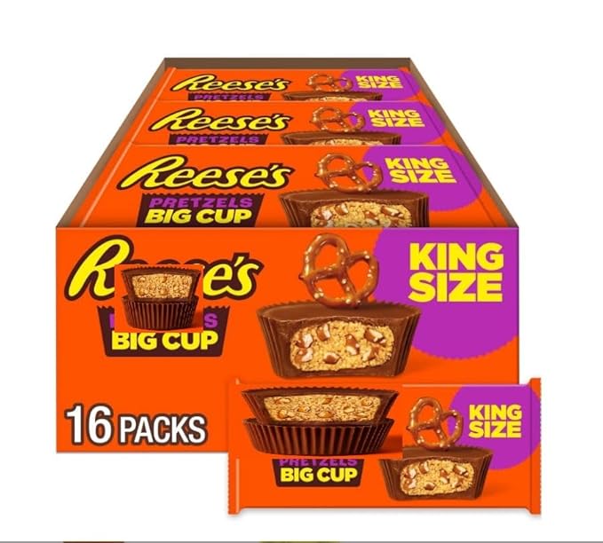 Big Cup with Pretzels Milk Chocolate King Size Peanut Butter Cups 16 Count 2.6 oz (32 Cups Total) Candy Packs Individually Wrapped Milk Chocolate Candy 16 Trays of 2 BIG Cups