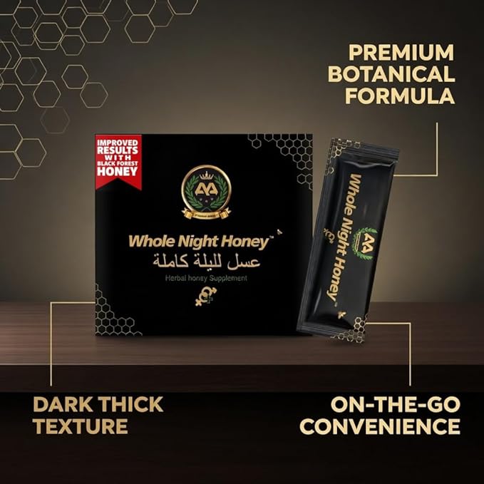 Whole Night Herbal Honey Blend Premium Botanical Honey Formula for Adults Bold Concentrated Herbal Infused Honey Dark Thick Texture No Synthetic Stimulants On-The-Go Single Serve Packets 12 x 15g