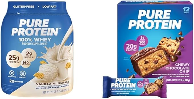 Pure Protein Powder Whey High Protein Low Sugar Gluten Free Vanilla Cream 1.75 lbs &amp Bars High Protein Nutritious Snacks to Support Energy Low Sugar Gluten Free