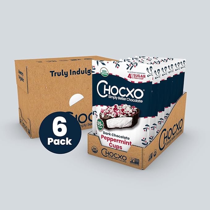Chocxo Dark Chocolate Peppermint Cups - Lower Sugar Christmas Candy 85% Organic Cacao NonGMO Keto Gluten Free Kosher. No Artificial Sweeteners/Sugar Alcohols 3.45 oz (Pack of 6)