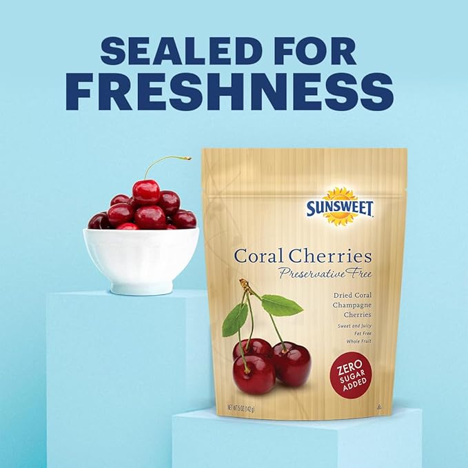 Sunsweet Coral Dried Cherries - Dried Fruit No Sugar Added - Gluten Free Preservative Free Plant Based Kosher Tart Cherries - 5oz - 4 Pack