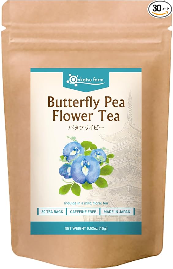 Onkatsu Farm Butterfly Pea Flower Premium Japanese Tea Bags Mellow Woody Flavor Hot or Iced Caffeine Free 30 Total Tea Bags