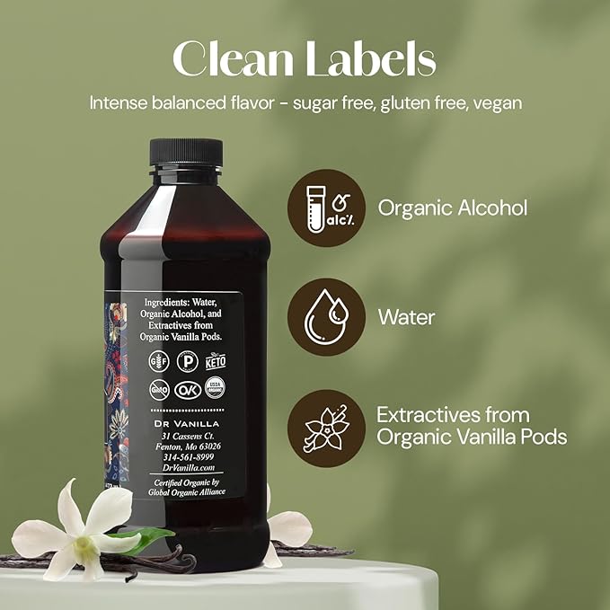 Organic Vanilla Extract 16 fl oz - Madagascar Bourbon vanilla 100% natural sugar‑free GMO‑free gluten‑free vegan paleo keto and kosher