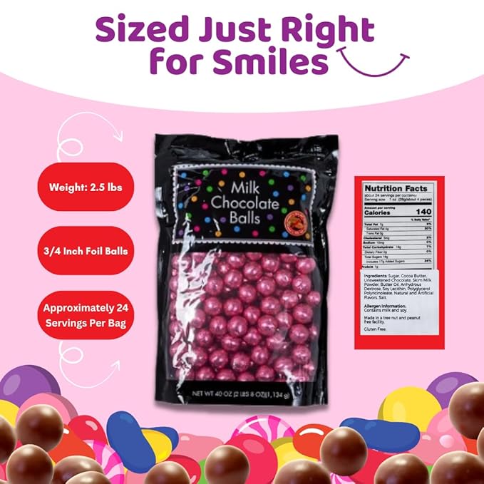 ALBERT'S Candy Milk Chocolate Foiled Balls 40 oz Bag Party and Wedding Candy Peanut-Free &amp Tree Nut-Free (Full Size Pink)
