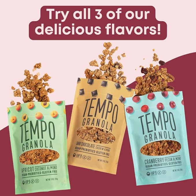 Tempo Granola Cranberry Pecan Almond Loose Granola - 3 Pack of 11 oz Bags - Nutrient-Rich Gluten Free Vegan Oats High Protein Low Sugar Vegan Dairy Free Soy Free Vitamin E Prebiotics For Opt