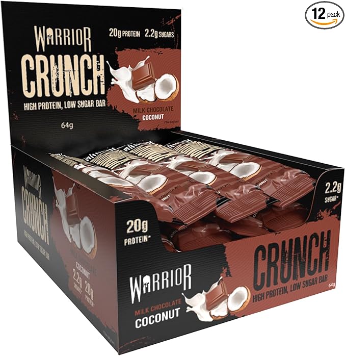 Warrior HIGH Protein Bars (20g Protein Each) - Low Carb Low Sugar - Pack of 12 Caramel Crispy Crunch Bars - Milk Chocolate &amp Coconut