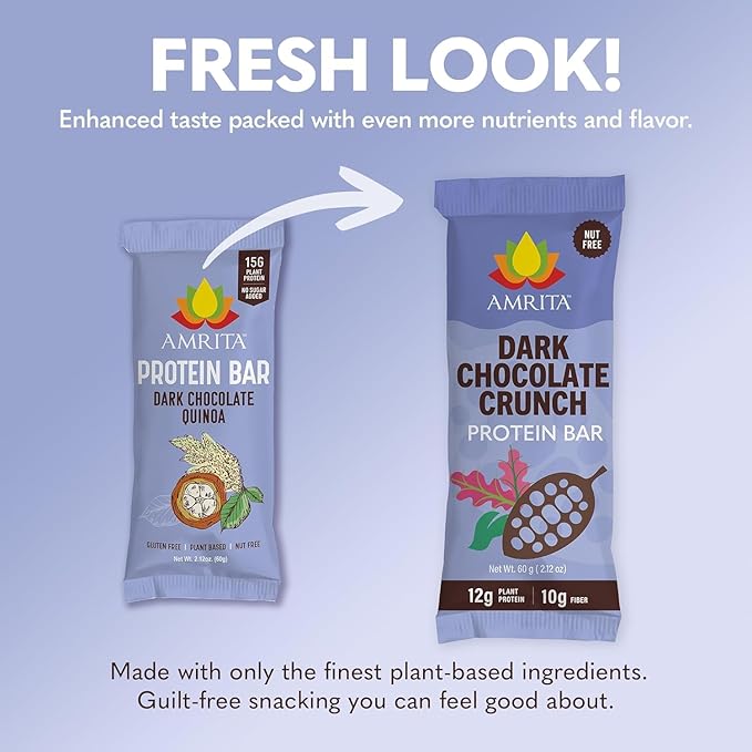Amrita Nut Free Dark Chocolate Quinoa Vegan Protein Bars (12 CT PK of 3) | 12g Plant-Based Protein Bar | Peanut Free Gluten Free and Dairy Free | Low Sugar High Fiber Healthy School-Safe Snacks